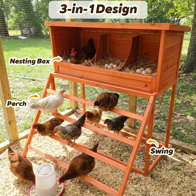Alt view image 5 of 7 - Nesting Boxes for Chickens with Perch and Swing Wooden Chicken Nesting Box for Poultry 3 Compartments Laying Eggs Nest