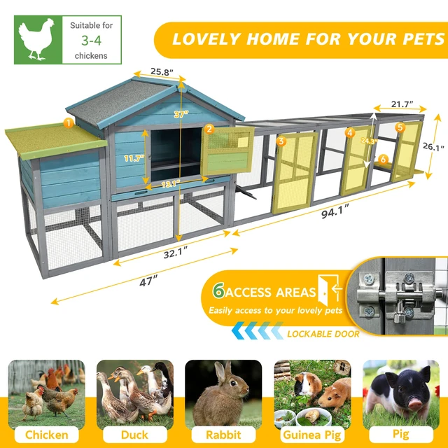 Alt view image 4 of 7 - 141large Wooden Chicken Coop, 21.2ft² Outdoor Hen with Nesting Box Wire Fence Waterproof and Anti Panel Poultry Cage