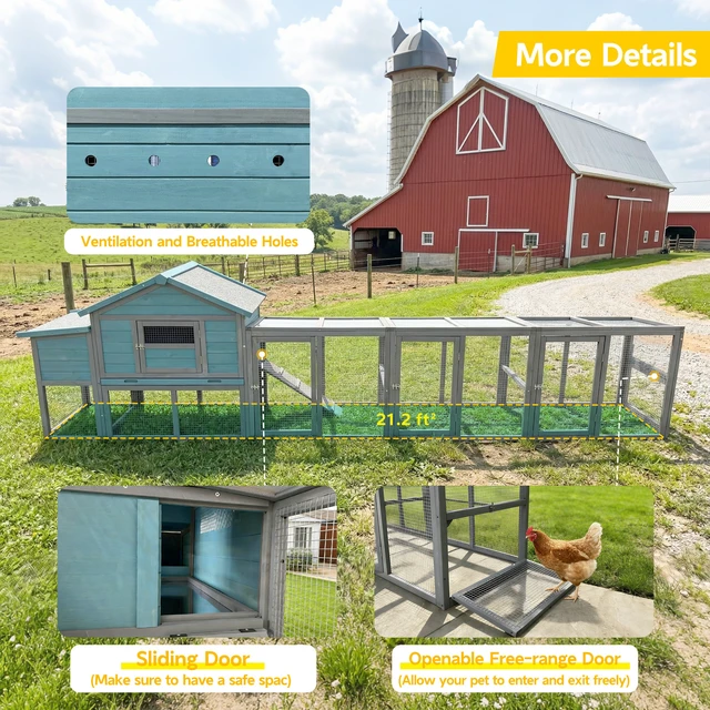 Alt view image 6 of 7 - 141large Wooden Chicken Coop, 21.2ft² Outdoor Hen with Nesting Box Wire Fence Waterproof and Anti Panel Poultry Cage