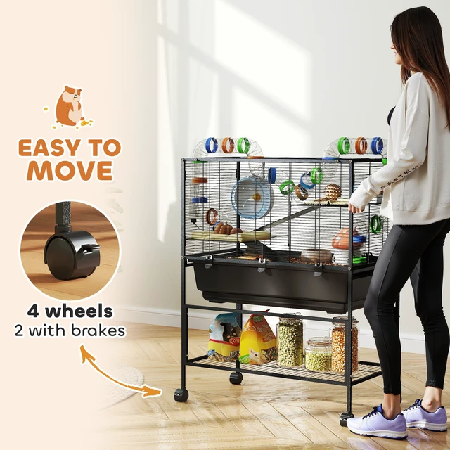 Alt view image 2 of 7 - Paw Hut Large Hamster Cage with Tray, 3 Tier Rolling Rat Cage with Storage Shelf Big Exercise Wheel Tube System Hut