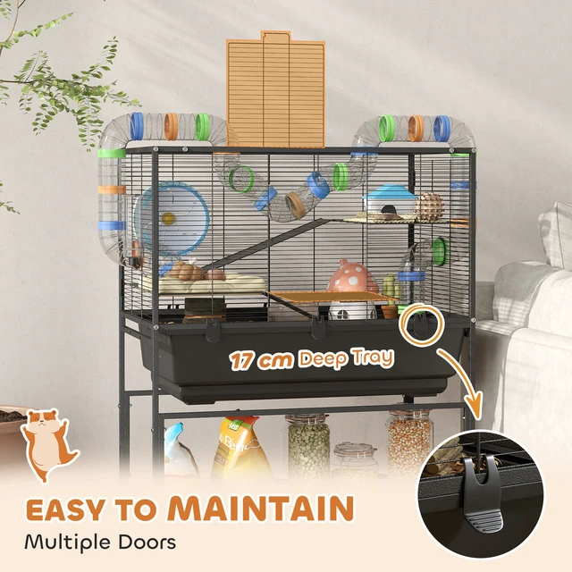Alt view image 4 of 7 - Paw Hut Large Hamster Cage with Tray, 3 Tier Rolling Rat Cage with Storage Shelf Big Exercise Wheel Tube System Hut