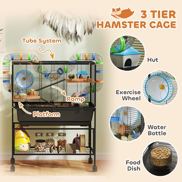 Alt view image 5 of 7 - Paw Hut Large Hamster Cage with Tray, 3 Tier Rolling Rat Cage with Storage Shelf Big Exercise Wheel Tube System Hut