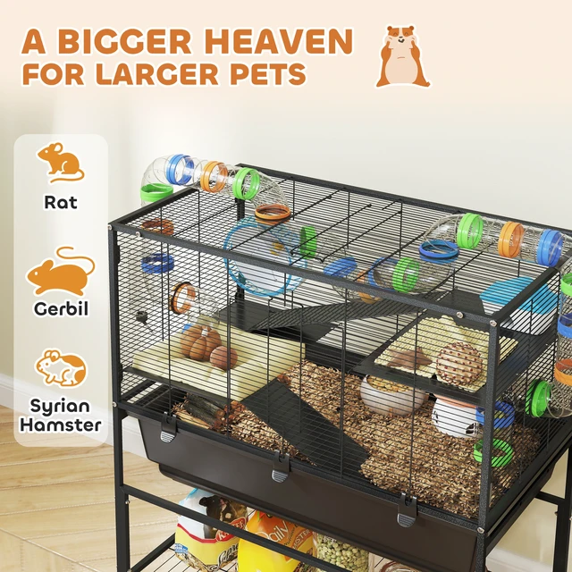 Alt view image 6 of 7 - Paw Hut Large Hamster Cage with Tray, 3 Tier Rolling Rat Cage with Storage Shelf Big Exercise Wheel Tube System Hut