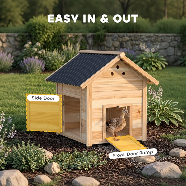 Alt view image 4 of 7 - Paw Hut Duck Coop, Wooden Duck Outdoor Small Animal with Openable Roof Double Doors Removable Base for 1 Chickens