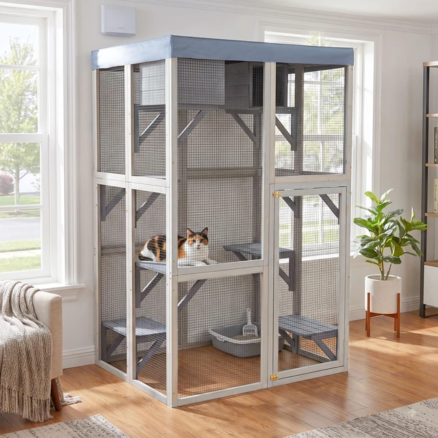 Main image of 70.5 Tall Wooden Catio Indoor Cat Enclosure, Cat Large Solid Cage Playpen with Jumping Platforms and Napping Houses