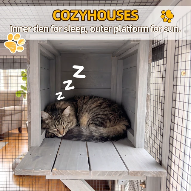 Alt view image 4 of 7 - 70.5 Tall Wooden Catio Indoor Cat Enclosure, Cat Large Solid Cage Playpen with Jumping Platforms and Napping Houses