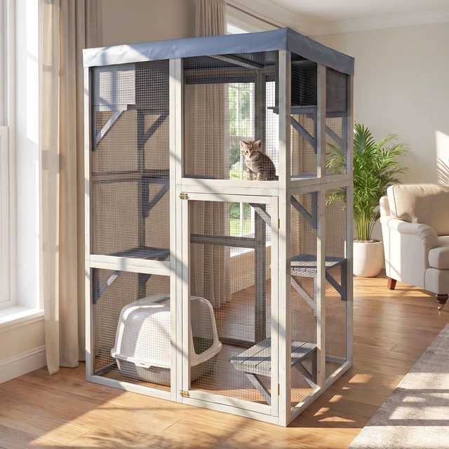 Alt view image 3 of 7 - 70.5 Tall Wooden Catio Indoor Cat Enclosure, Cat Large Solid Cage Playpen with Jumping Platforms and Napping Houses