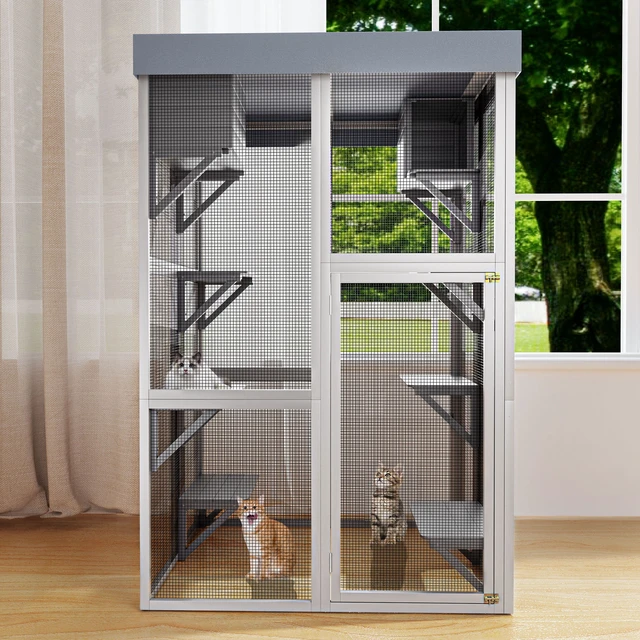 Alt view image 5 of 7 - 70.5 Tall Wooden Catio Indoor Cat Enclosure, Cat Large Solid Cage Playpen with Jumping Platforms and Napping Houses