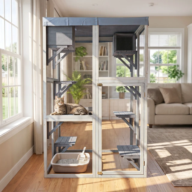 Alt view image 2 of 7 - 70.5 Tall Wooden Catio Indoor Cat Enclosure, Cat Large Solid Cage Playpen with Jumping Platforms and Napping Houses