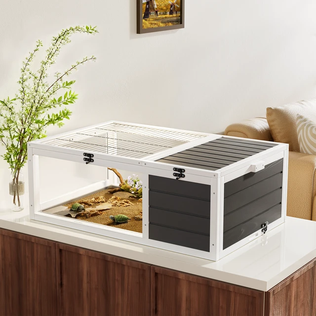 Alt view image 3 of 7 - 39.5wood Tortoise Indoor Turtle Habitat Reptile Cage for Small Animals Lizards, Geckos with Removable Waterproof Tray