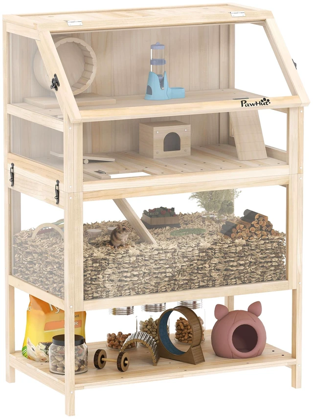Main image of Paw Hut Wooden Hamster Cage, 3 Tier Small Animal Cage with Detachable Lower Floor Storage Shelf Hut Seesaw Exercise