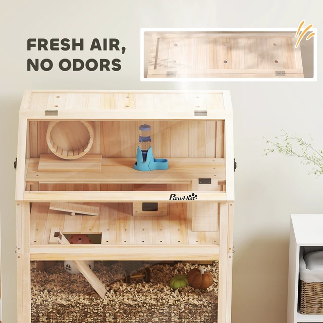 Alt view image 2 of 7 - Paw Hut Wooden Hamster Cage, 3 Tier Small Animal Cage with Detachable Lower Floor Storage Shelf Hut Seesaw Exercise