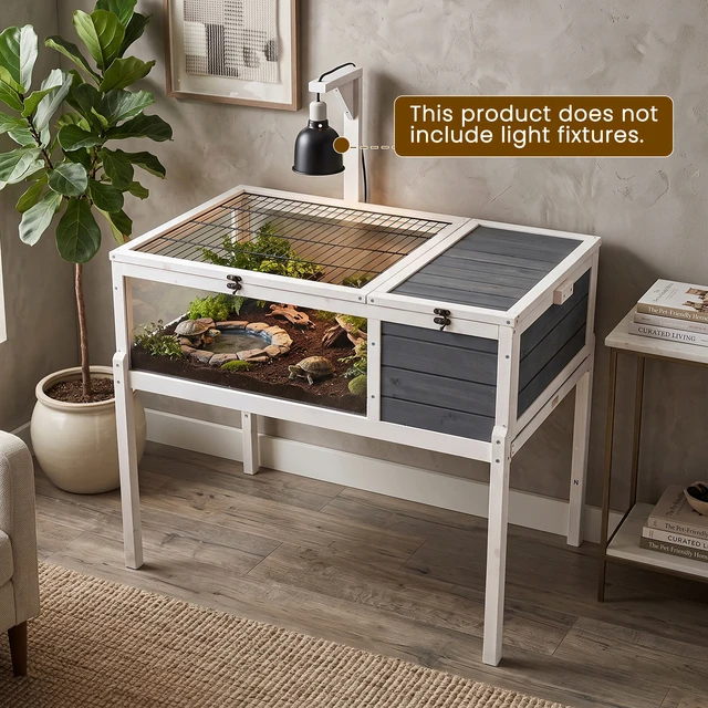 Alt view image 3 of 7 - Reptile Habitat Tortoise with Lamp Holder, Large Observation Window Waterproof Tray Detachable Legs Easy Clean Wooden