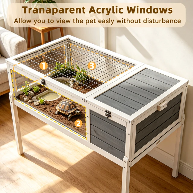 Alt view image 7 of 7 - Reptile Habitat Tortoise with Lamp Holder, Large Observation Window Waterproof Tray Detachable Legs Easy Clean Wooden
