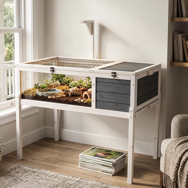 Main image of Reptile Habitat Tortoise with Lamp Holder, Large Observation Window Waterproof Tray Detachable Legs Easy Clean Wooden
