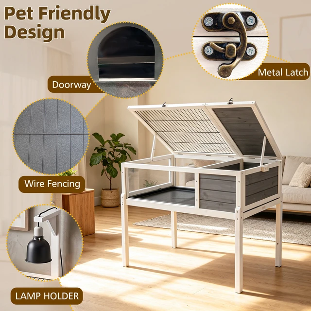 Alt view image 4 of 7 - Reptile Habitat Tortoise with Lamp Holder, Large Observation Window Waterproof Tray Detachable Legs Easy Clean Wooden
