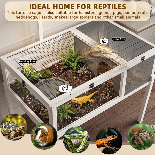 Alt view image 6 of 7 - Reptile Habitat Tortoise with Lamp Holder, Large Observation Window Waterproof Tray Detachable Legs Easy Clean Wooden