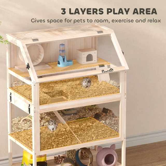 Alt view image 6 of 7 - Paw Hut Wooden Hamster Cage, 3 Tier Small Animal Cage with Detachable Lower Floor Storage Shelf Hut Seesaw Exercise