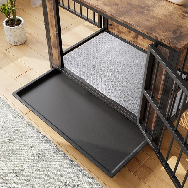 Alt view image 2 of 7 - Dog Crate Furniture, Wooden Dog Crate Table 32.8 Inch Kennel with Sliding Doors and Iron Door Frame Decorative Pet