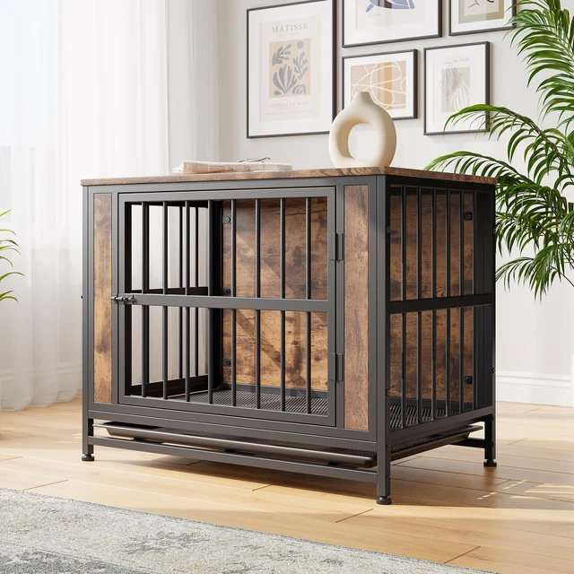 Main image of Dog Crate Furniture, Wooden Dog Crate Table 32.8 Inch Kennel with Sliding Doors and Iron Door Frame Decorative Pet