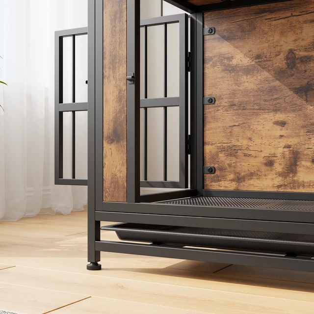 Alt view image 4 of 7 - Dog Crate Furniture, Wooden Dog Crate Table 32.8 Inch Kennel with Sliding Doors and Iron Door Frame Decorative Pet