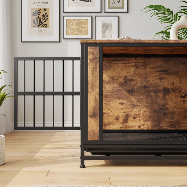 Alt view image 5 of 7 - Dog Crate Furniture, Wooden Dog Crate Table 32.8 Inch Kennel with Sliding Doors and Iron Door Frame Decorative Pet