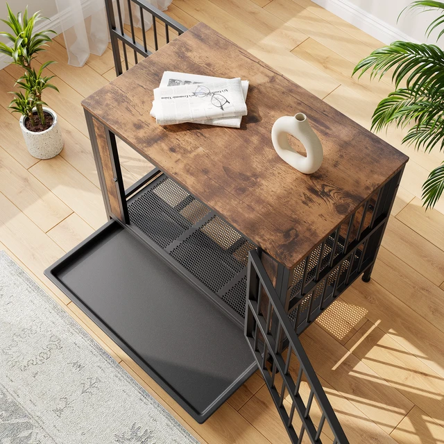 Alt view image 3 of 7 - Dog Crate Furniture, Wooden Dog Crate Table 32.8 Inch Kennel with Sliding Doors and Iron Door Frame Decorative Pet