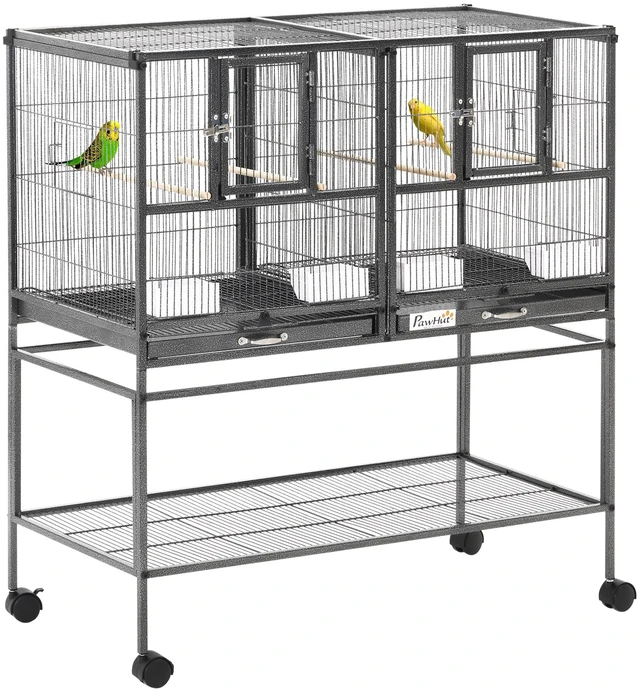 Main image of Paw Hut Divided Breeder Bird Cage with Rolling Stand Removable Metal Tray, Storage Shelf Perch and Food Container