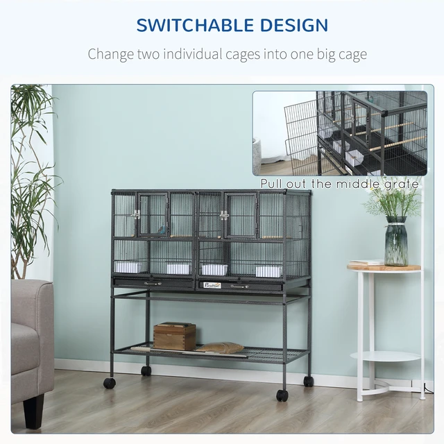 Alt view image 3 of 7 - Paw Hut Divided Breeder Bird Cage with Rolling Stand Removable Metal Tray, Storage Shelf Perch and Food Container