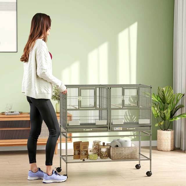 Alt view image 2 of 7 - Paw Hut Divided Breeder Bird Cage with Rolling Stand Removable Metal Tray, Storage Shelf Perch and Food Container
