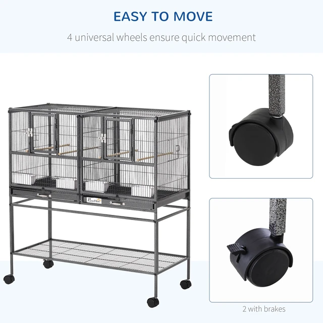 Alt view image 4 of 7 - Paw Hut Divided Breeder Bird Cage with Rolling Stand Removable Metal Tray, Storage Shelf Perch and Food Container