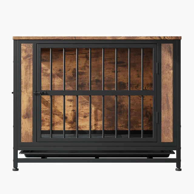 Alt view image 7 of 7 - Dog Crate Furniture, Wooden Dog Crate Table 32.8 Inch Kennel with Sliding Doors and Iron Door Frame Decorative Pet