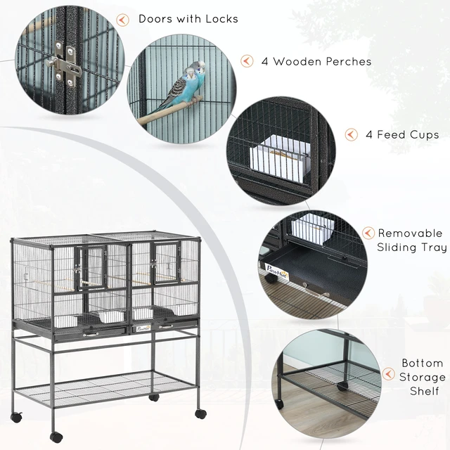 Alt view image 6 of 7 - Paw Hut Divided Breeder Bird Cage with Rolling Stand Removable Metal Tray, Storage Shelf Perch and Food Container