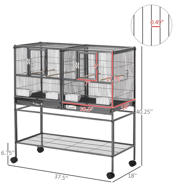 Alt view image 7 of 7 - Paw Hut Divided Breeder Bird Cage with Rolling Stand Removable Metal Tray, Storage Shelf Perch and Food Container