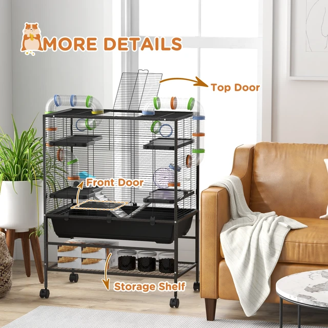 Alt view image 2 of 7 - Paw Hut 32 Inch Large Hamster Cage with Storage Shelf, Rat Cage for Syrian Hamster Gerbils with Tubes Running Wheel