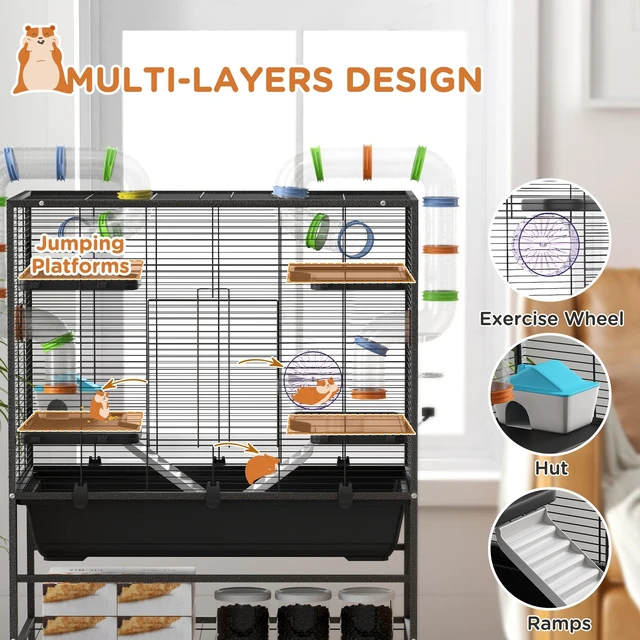 Alt view image 5 of 7 - Paw Hut 32 Inch Large Hamster Cage with Storage Shelf, Rat Cage for Syrian Hamster Gerbils with Tubes Running Wheel
