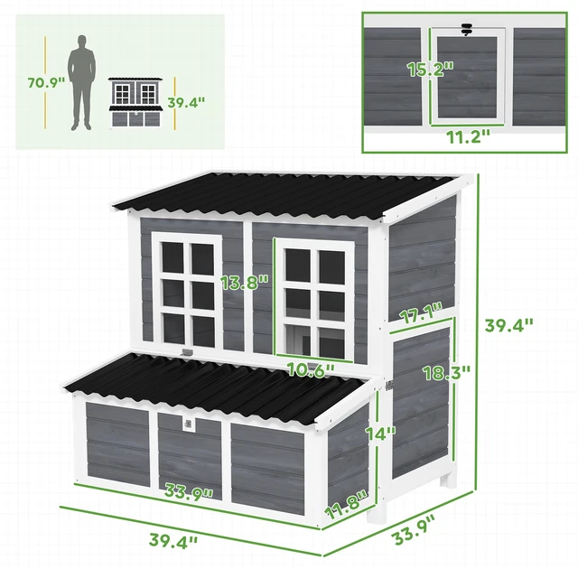 Alt view image 6 of 7 - Paw Hut Wooden Chicken Coop, 39 Inch Chicken with Nesting Box Pull-Out Tray Waterproof Roof Hen Outdoor Poultry Cage