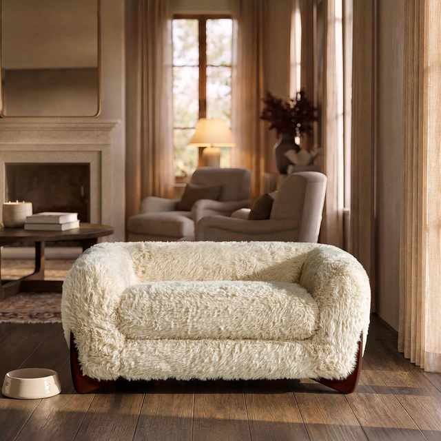 Main image of 36.5 Inch Sherpa Dog Sofa Bed, Medium Faux Fur, Cream Beige, Faux Fur, Pet Beds Furniture