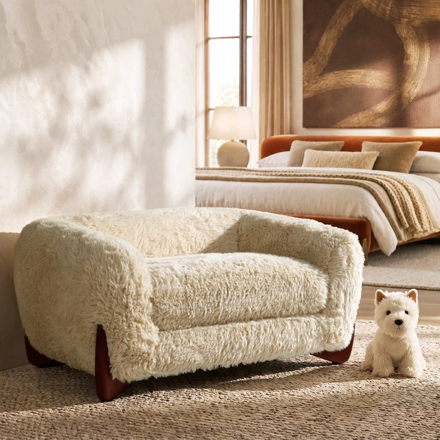 Alt view image 2 of 7 - 36.5 Inch Sherpa Dog Sofa Bed, Medium Faux Fur, Cream Beige, Faux Fur, Pet Beds Furniture