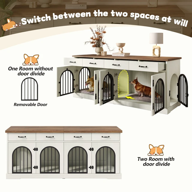 Alt view image 4 of 7 - 70.8 Inch Large Dog Crate Furniture for Dogs, Dog Kennel Indoor with Removable Divider Door and Storage Drawers End