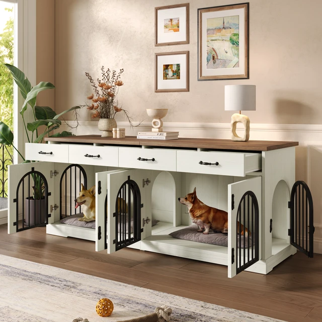 Alt view image 2 of 7 - 70.8 Inch Large Dog Crate Furniture for Dogs, Dog Kennel Indoor with Removable Divider Door and Storage Drawers End