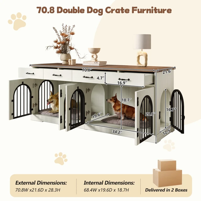 Alt view image 6 of 7 - 70.8 Inch Large Dog Crate Furniture for Dogs, Dog Kennel Indoor with Removable Divider Door and Storage Drawers End