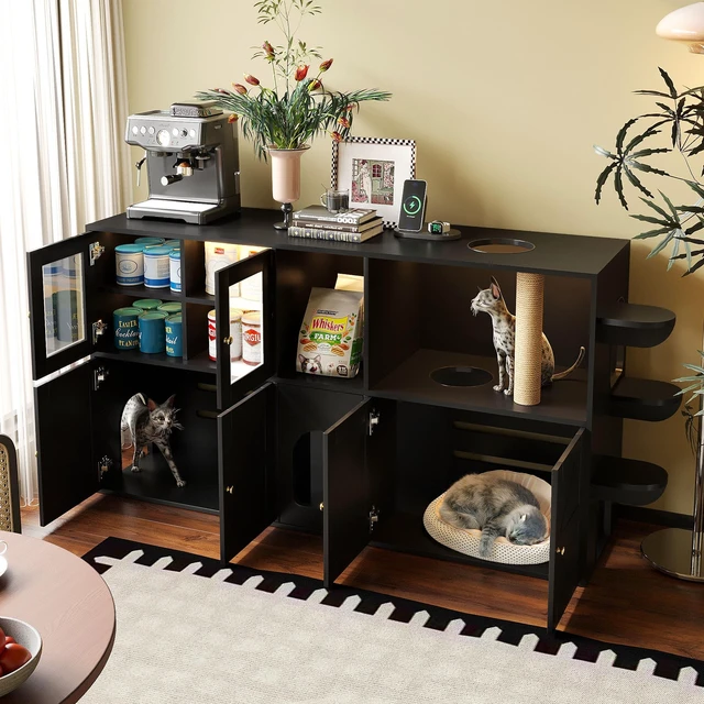 Alt view image 3 of 7 - 73.23 Inch Cat Litter Box Enclosure Furniture, Hidden Cat Washroom with Built in Scratching Post and LED Lights