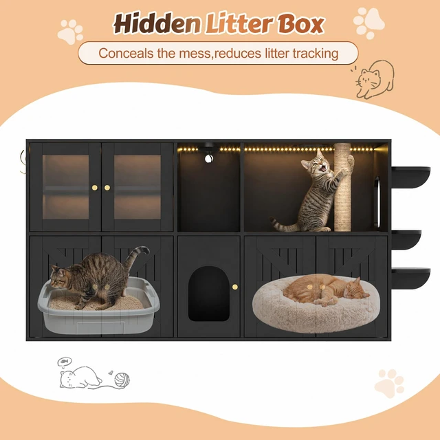Alt view image 4 of 7 - 73.23 Inch Cat Litter Box Enclosure Furniture, Hidden Cat Washroom with Built in Scratching Post and LED Lights