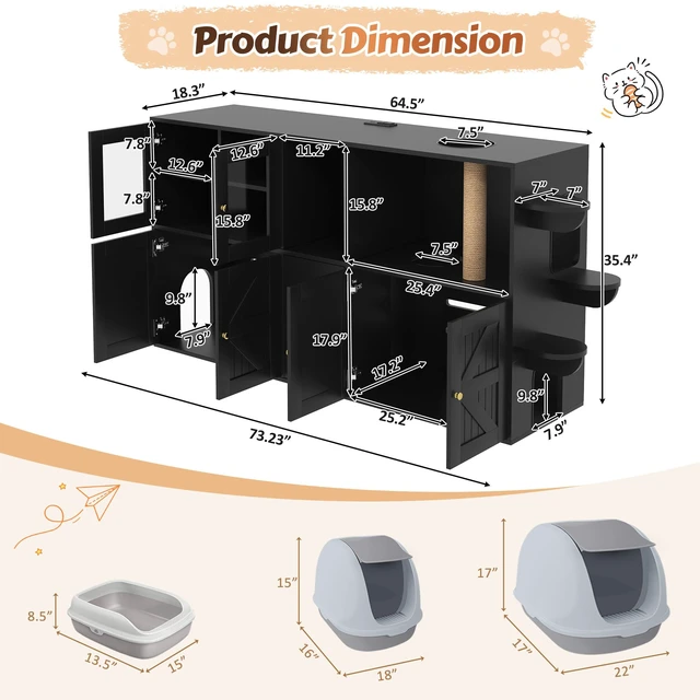Alt view image 7 of 7 - 73.23 Inch Cat Litter Box Enclosure Furniture, Hidden Cat Washroom with Built in Scratching Post and LED Lights