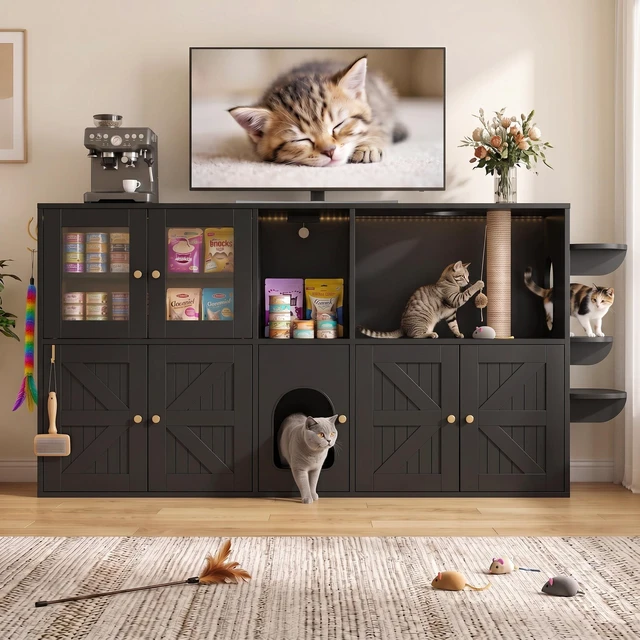 Alt view image 2 of 7 - 73.23 Inch Cat Litter Box Enclosure Furniture, Hidden Cat Washroom with Built in Scratching Post and LED Lights