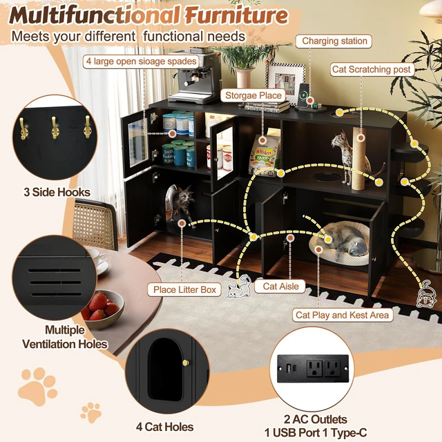 Alt view image 5 of 7 - 73.23 Inch Cat Litter Box Enclosure Furniture, Hidden Cat Washroom with Built in Scratching Post and LED Lights