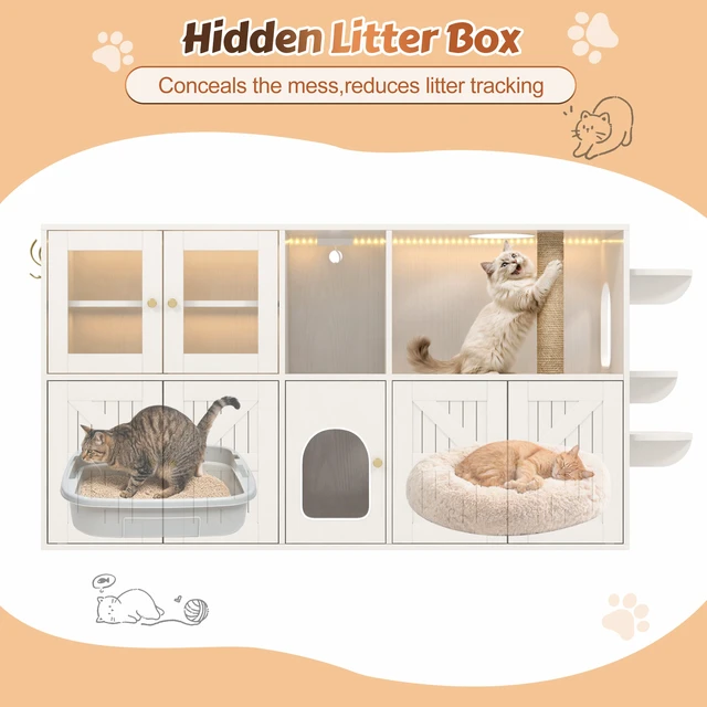 Alt view image 4 of 7 - 73.23 Inch Cat Litter Box Enclosure Furniture, Hidden Cat Washroom with Built in Scratching Post and LED Lights