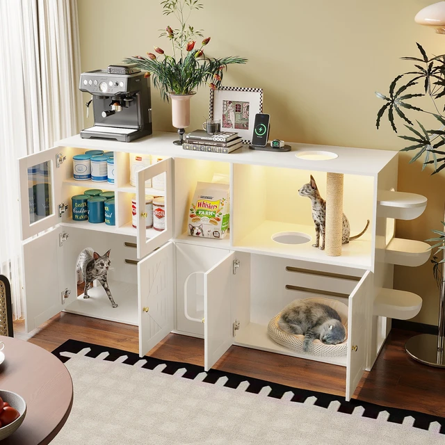 Alt view image 3 of 7 - 73.23 Inch Cat Litter Box Enclosure Furniture, Hidden Cat Washroom with Built in Scratching Post and LED Lights