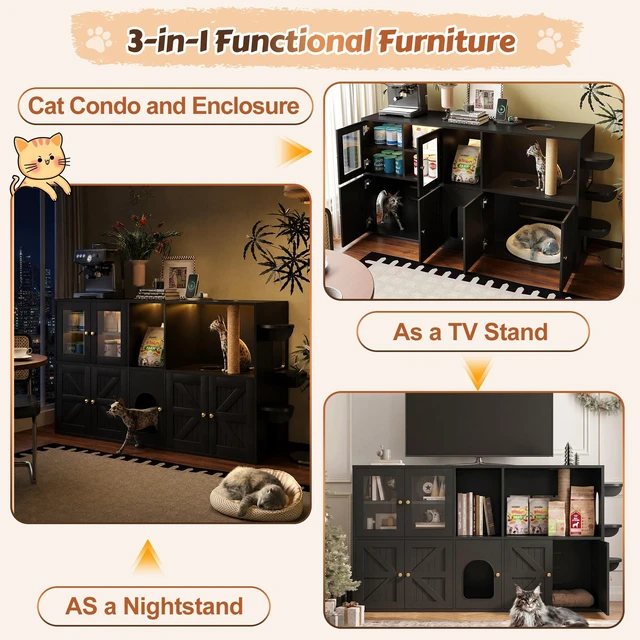 Alt view image 6 of 7 - 73.23 Inch Cat Litter Box Enclosure Furniture, Hidden Cat Washroom with Built in Scratching Post and LED Lights